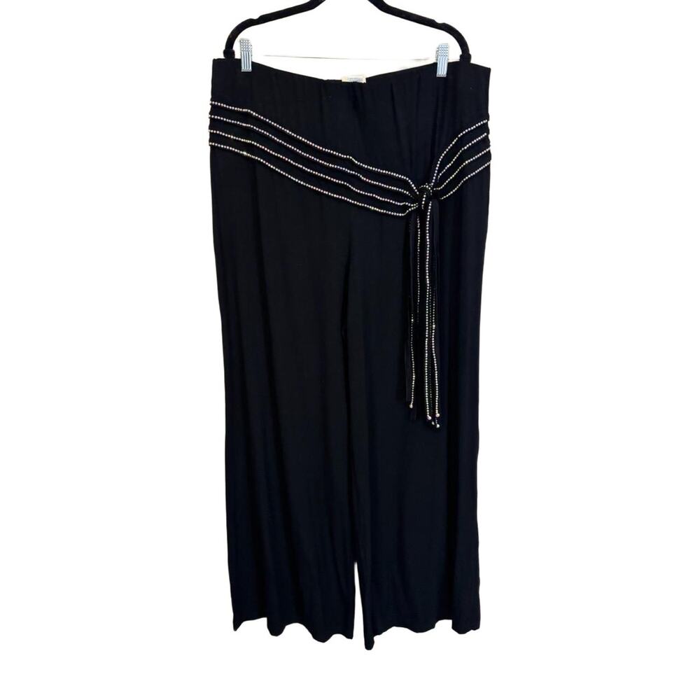 Vocal Pants Size 2X Black Wide Leg Y2K Rayon High Rise Embellished Tie Evening